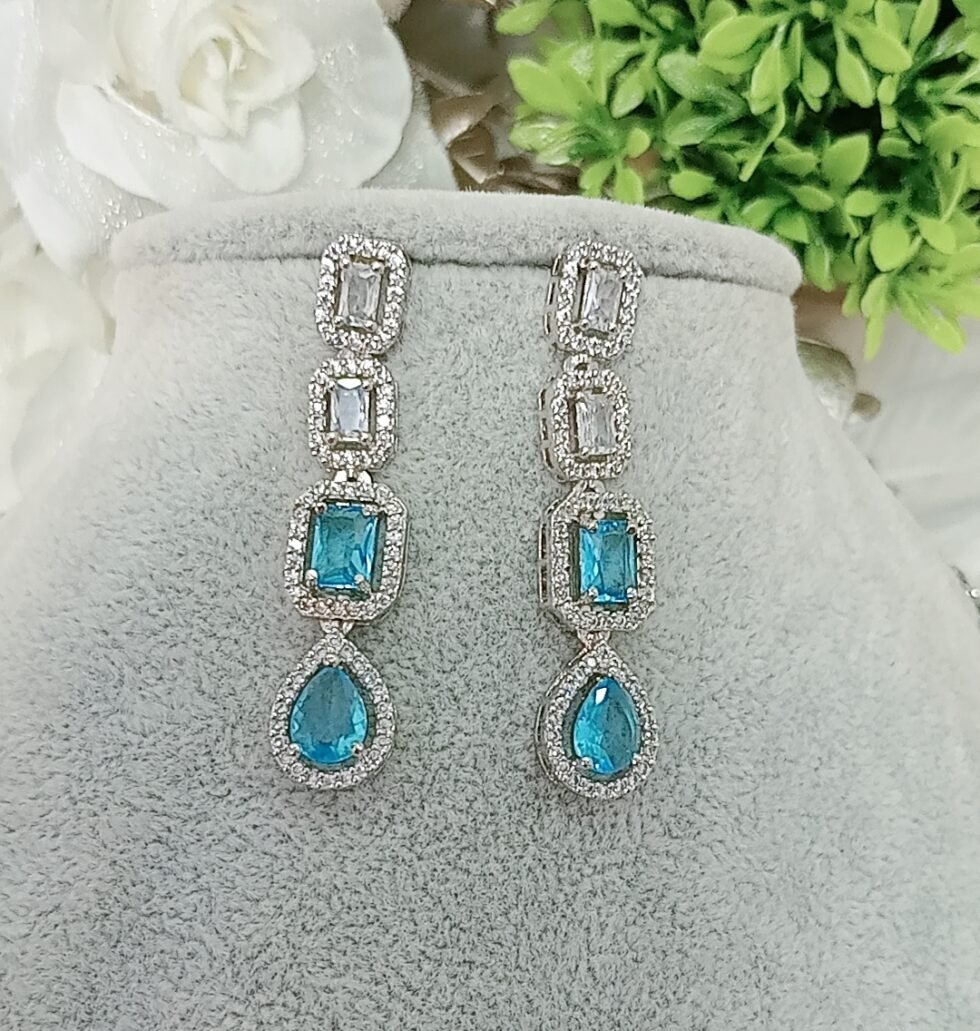 American Diamond Dual Layer Blue Silver Necklace Set with Earrings