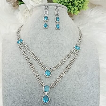 American Diamond Dual Layer Blue Silver Necklace Set with Earrings