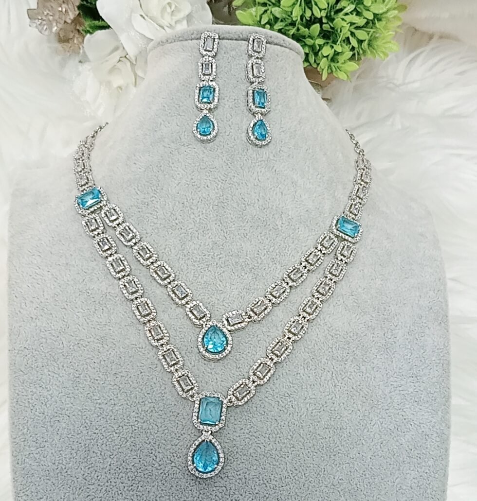 American Diamond Dual Layer Blue Silver Necklace Set with Earrings