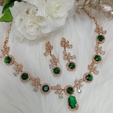 Cubic Zirconia Emerald Green Gold Floral Design Necklace Set with Earrings