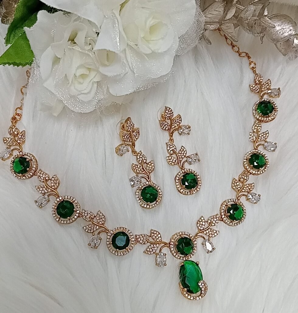 Cubic Zirconia Emerald Green Gold Floral Design Necklace Set with Earrings