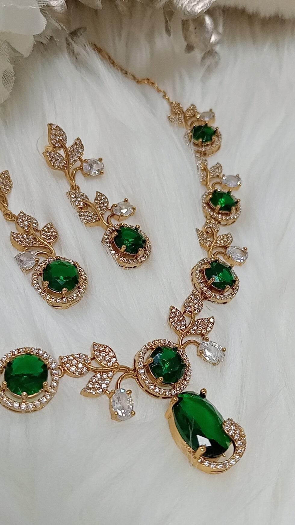 CZ Emerald Green Gold Floral Design Necklace Set with Earrings