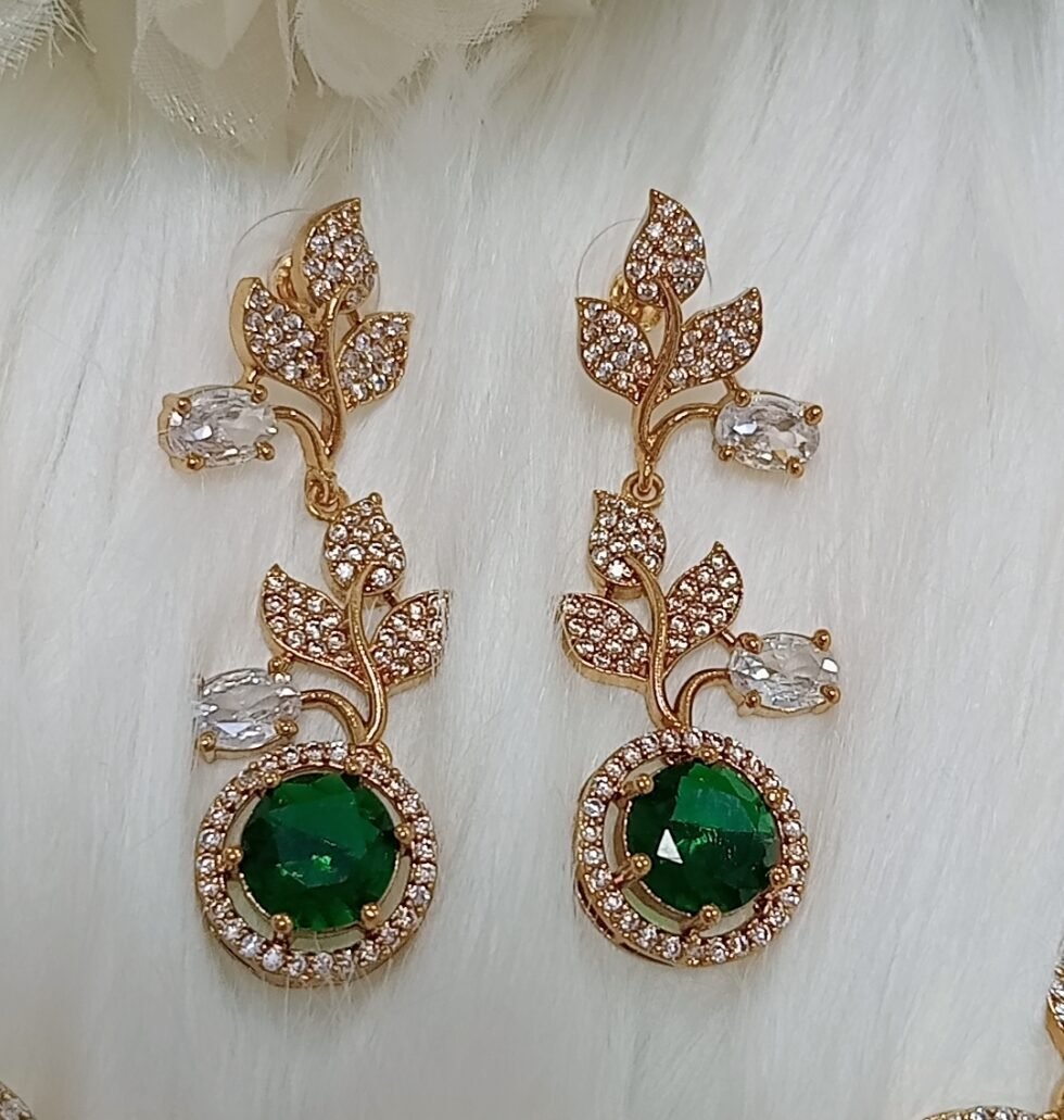 CZ Emerald Green Gold Floral Design Necklace Set with Earrings