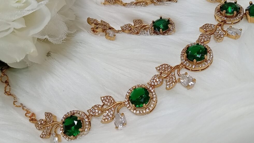 American Diamond Emerald Green Gold Floral Design Necklace Set with Earrings