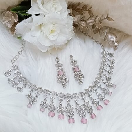 Cubic Zirconia Baby Pink Silver Necklace Set with Earrings in Singapore