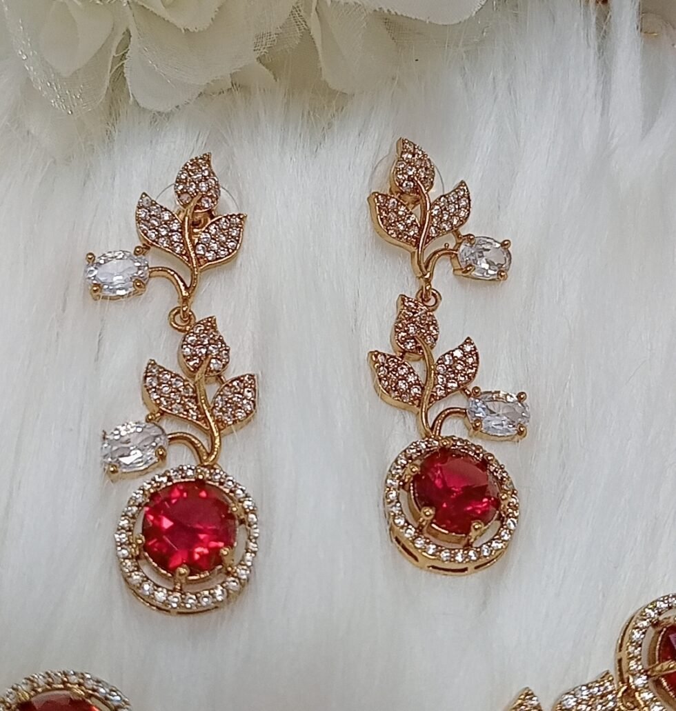 American Diamond Red Gold Floral Design Necklace Set with Earrings
