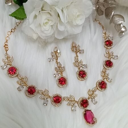 American Diamond Red Gold Floral Design Necklace Set with Earrings