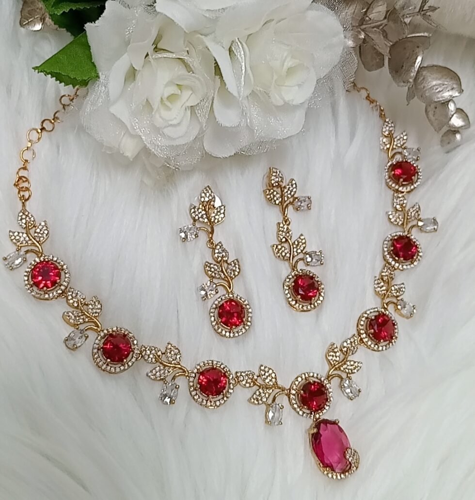 American Diamond Red Gold Floral Design Necklace Set with Earrings