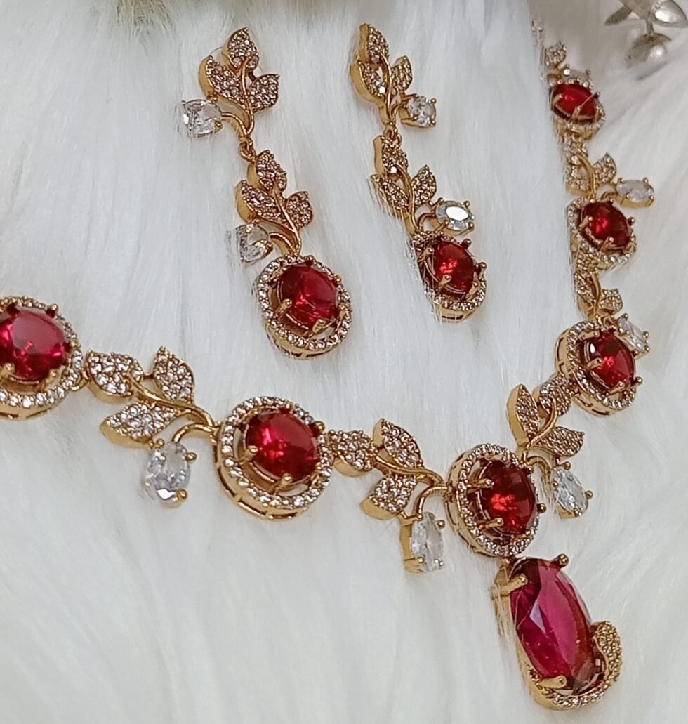 American Diamond Red Gold Floral Design Necklace Set with Earrings