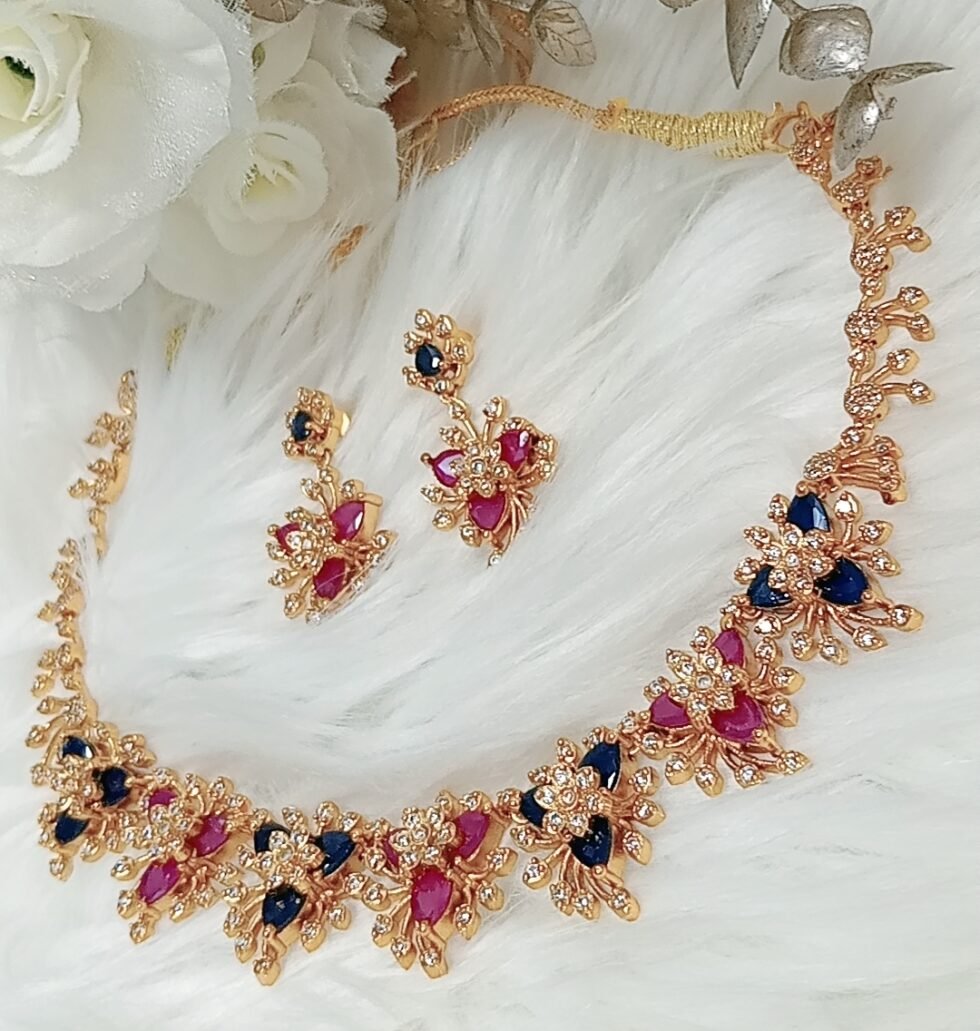 American Diamond Sapphire Blue Ruby Pink Necklace Set with Earrings