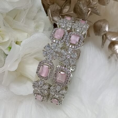 American Diamond Silver Baby Pink 2pc Bangle Set