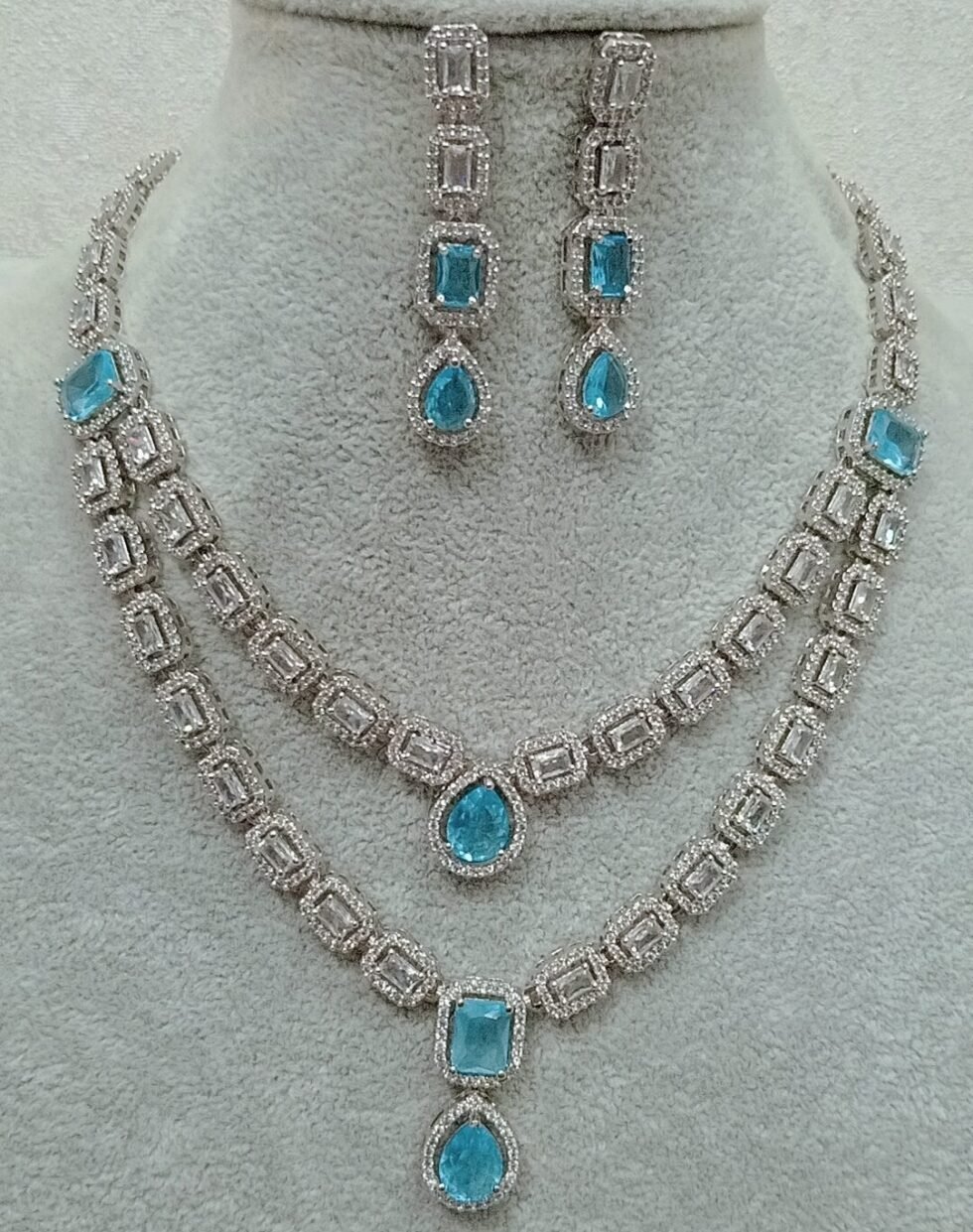 Cubic Zirconia Dual Layer Blue Silver Necklace Set with Earrings in Singapore
