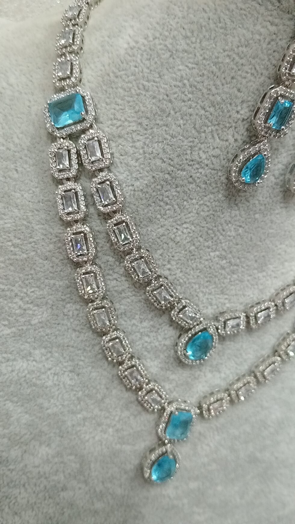 CZ Dual Layer Blue Silver Necklace Set with Earrings