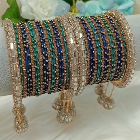 Turquoise Navy Blue Gold Mix Match Jhumka Bangle Set