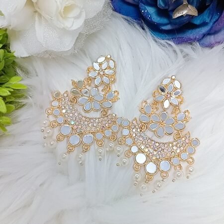 Exquisite Light Gold Mirror Floral Chandbali Earrings with Pearl