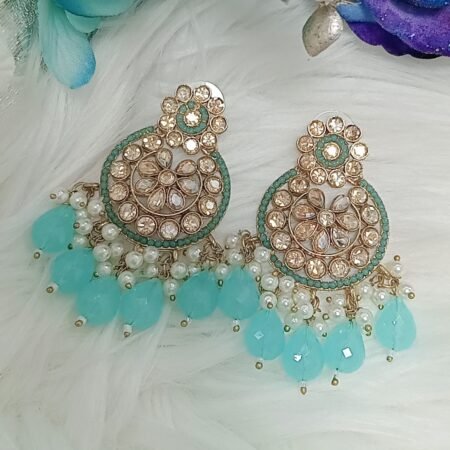 Light Blue Gold Floral Chandbali Indian Earrings