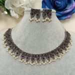 Oxidised Silver Black Floral Choker Set with Earrings