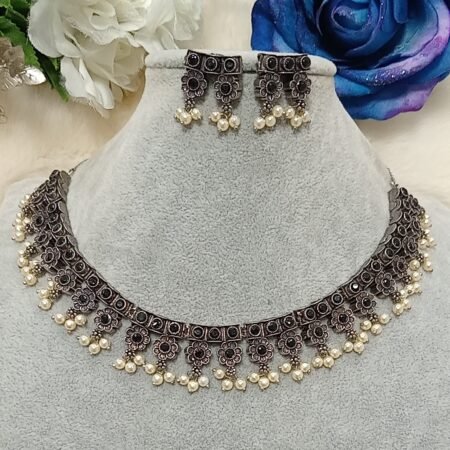 Oxidised Silver Black Floral Choker Set with Earrings