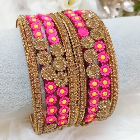 Pink Yellow Floral Gold 8pc Mix Match Bangle Set