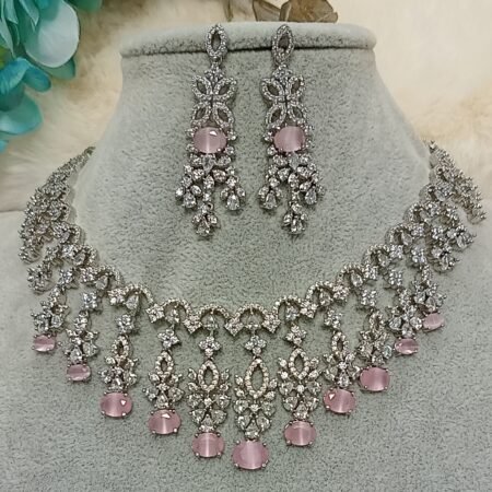 American Diamond Pink Silver Necklace Set with Earrings