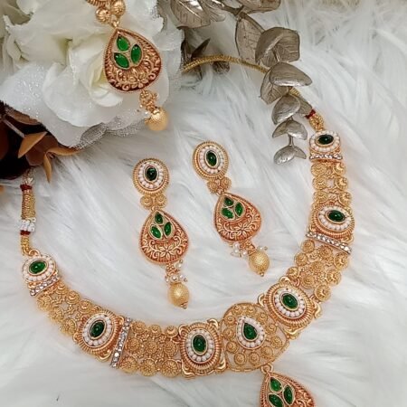 Rajwadi Designer Polished Matte Gold Emerald Green Indian Necklace Set with Earrings