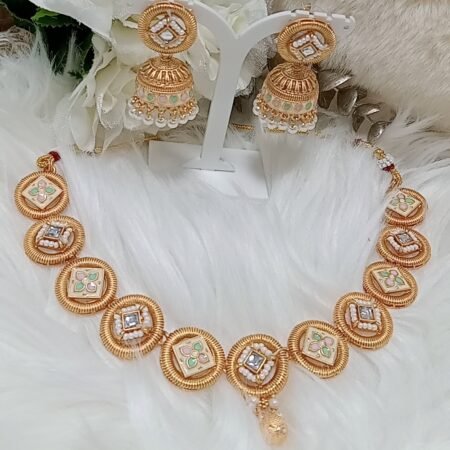 Rajwadi Matte Polished Gold Indian Necklace Set with Jhumka