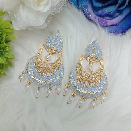 Traditional Luxurious Ice Blue Gold Chandbali Earrings