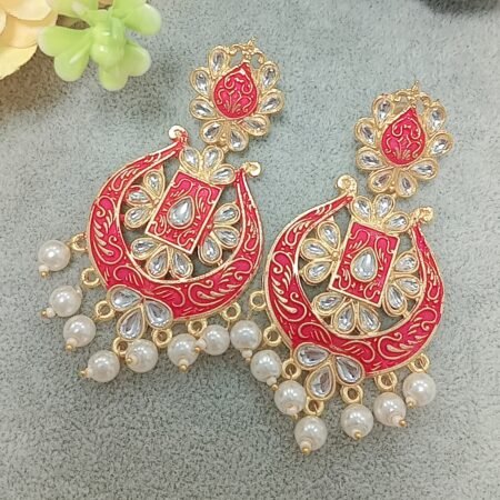 Traditional Princess Red Chandbali Earrings with Pearls