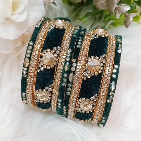 Velvet Teal Green Gold 10pc Indian Bangle Set