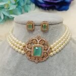 American Diamond Blue Victorian Pearl Choker Set with Matching Studs