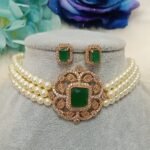 American Diamond Emerald Green Victorian Pearl Choker Set with Matching Studs