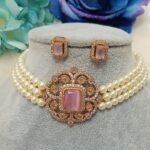 American Diamond Pink Victorian Pearl Choker Set with Matching Studs