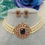 American Diamond Purple Victorian Pearl Choker Set with Matching Studs