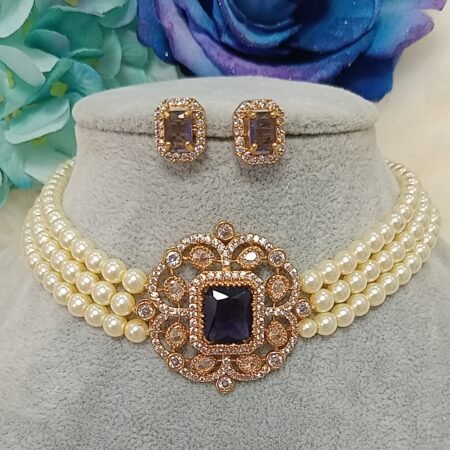 American Diamond Purple Victorian Pearl Choker Set with Matching Studs