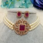 American Diamond Ruby Victorian Pearl Choker Set with Matching Studs