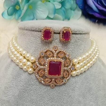 American Diamond Ruby Victorian Pearl Choker Set with Matching Studs