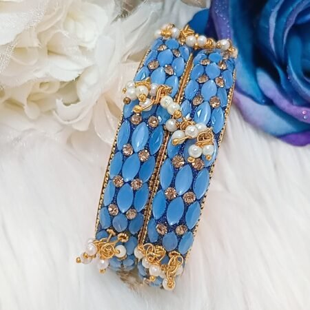 Blue Gold 2pc Indian Bangle Set with Dangling Pearls