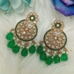 Green Gold Floral Chandbali Indian Earrings