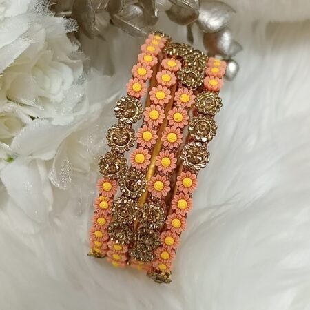 Mini Coral Pink Yellow Floral 4pc Indian Bangle Set