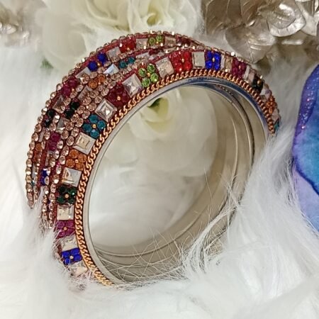 Exclusive Multicolor Floral 4pc Indian Silver Base Bangle Set