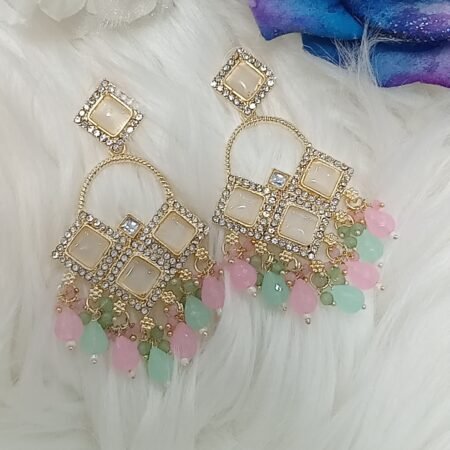 Pastel Pink Green Dazzling Chandbali Indian Earrings