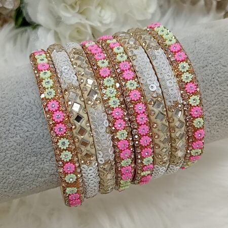 Pink Green White Mix Indian Bangle Set