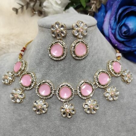 Sweet Pink Gold Floral Indian Necklace Set
