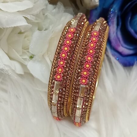 Pink Yellow Mini Flowers 2pc Indian Bangle Set