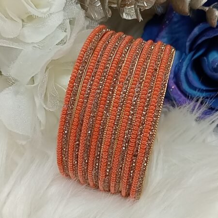 Coral Pearl Orange 8pc Beaded Rhinestone Indian Bangle Set