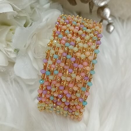 Multicolor Pastel Crystal Beaded 12pc Gold Base Indian Bangle Set