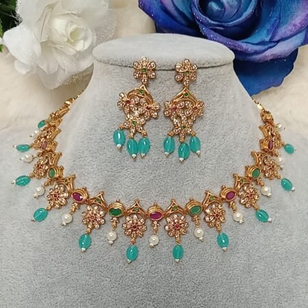 Princess Tiara Floral Gold Plated CZ Indian Necklace Set