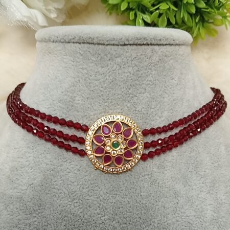 Maroon Crystal Beaded Floral Pink Green CZ Choker