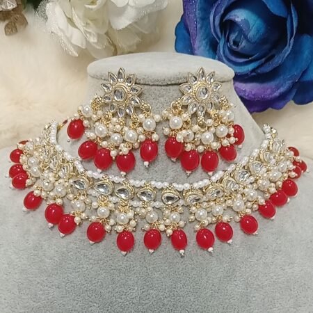 Red Pearl Indian Necklace Set with Earrings