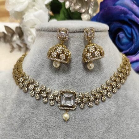 AD Mehendi Gold Floral Choker Set with Jhumka
